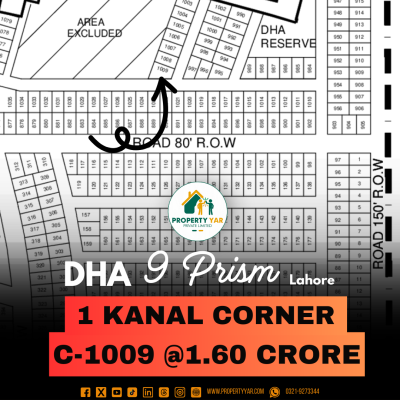 Corner 1 Kanal Lowest Price Plot Available For Sale In DHA Lahore Phase 9 Prism