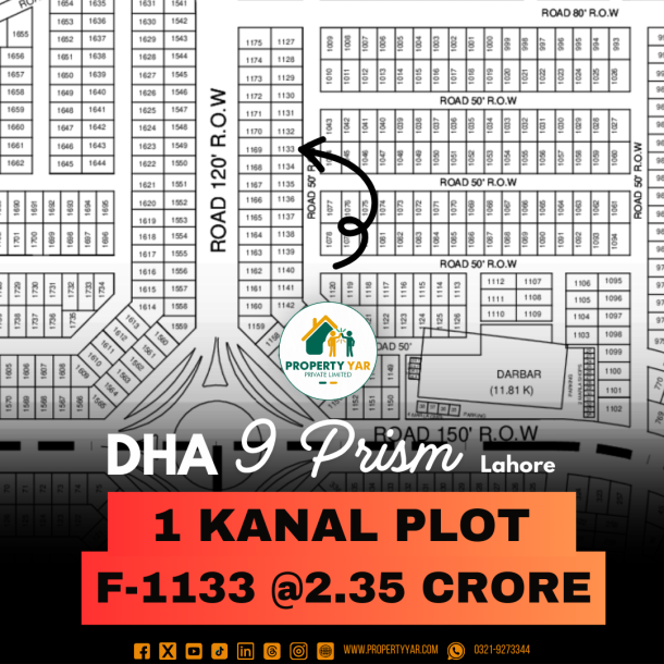 Reasonable Price 1 Kanal Plot F-1133 For Sale In DHA Lahore Phase 9 Prism Block F-1