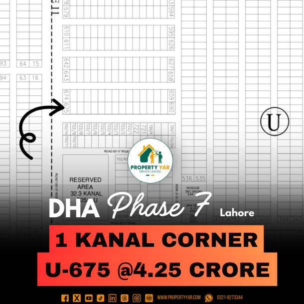 Corner 1 Kanal Plot On 150 Feet Wide Road Available For Sale In DHA Lahore Phase 7 Block U-1