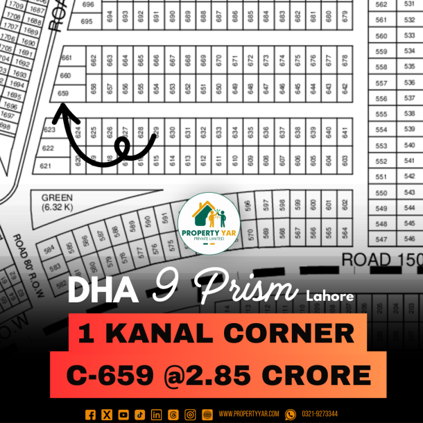 Corner On 80 Feet Wide Road 1 Kanal Plot For Sale In DHA Lahore Phase 9 Prism Block C-1