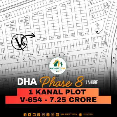 Corner 1 Kanal Plot (V-654) Demand 7.25 Crore On 50 Feet Wide Road Close To Park And Mosque Available For Sale In DHA Lahore Phase 8 Block V