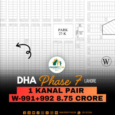 Excellent Location 1 Kanal Pair Plots (W-991+992) Demand 8.75 Crore Near To Park On 50 Feet Wide Road Available For Sale In DHA Lahore Phase 7 Block W