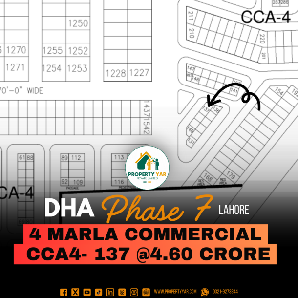 Corner 4 Marla Commercial Plot (CCA4-137) demand 4.60 Crore On 50 Feet Road Available For Sale In DHA Lahore Phase 7 Block CCA4-1