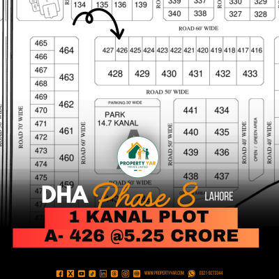 Next To Corner 1 Kanal Plot (A-426) Demand 5.25 Crore Close To Park And Mosque On 60 Feet Road Available For Sale In DHA Lahore Phase 8 Ex Park View Block A