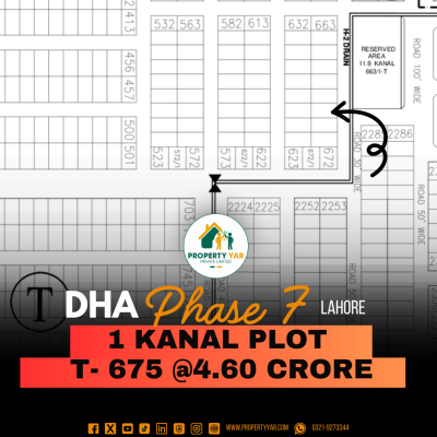 Prime Location 1 Kanal Plot (T-675) Demand 4.60 Crore Near To Park And Shops On 50 Feet Road Available For Sale In DHA Lahore Phase 7 Block T