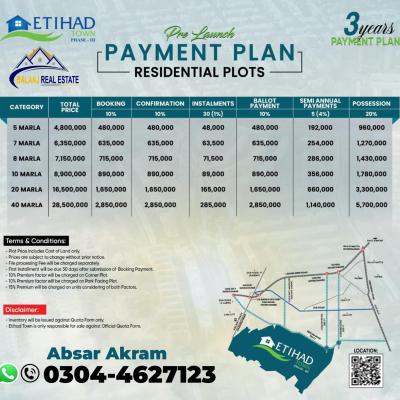 Best Price 8 Marla Plot On Installment Plan Available for Sale In Etihad Town Phase 3